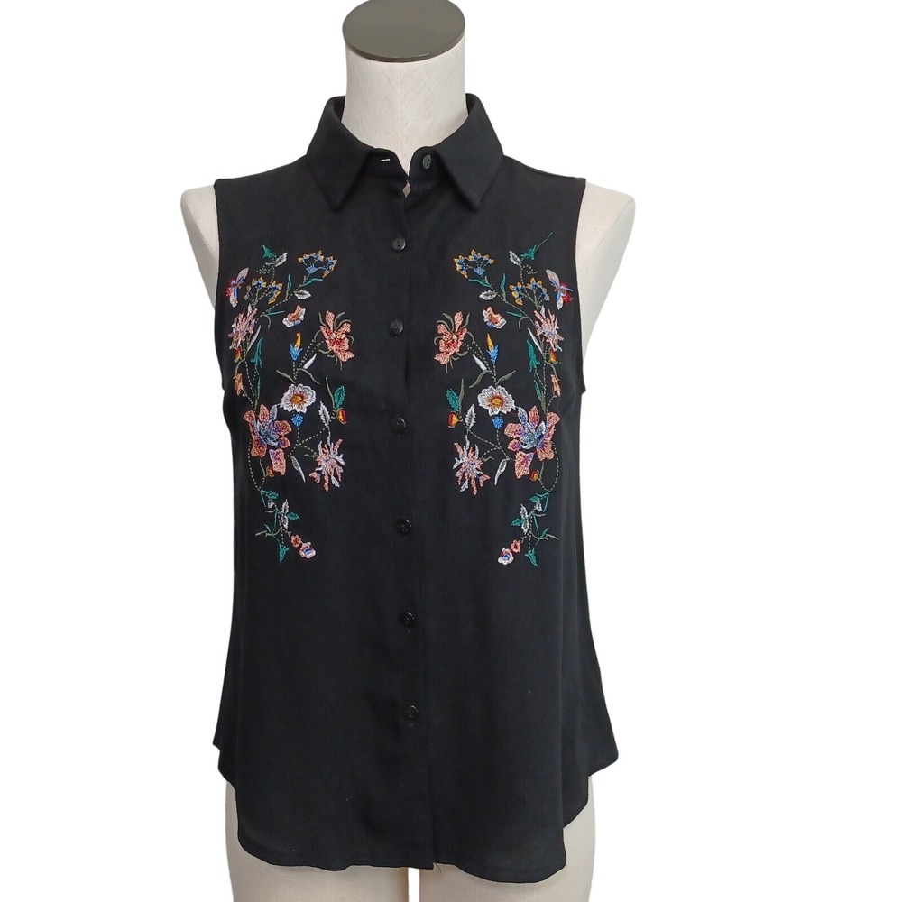 i joah Womens Small Black Sleeveless Floral Embroidered Button Down Blouse Top